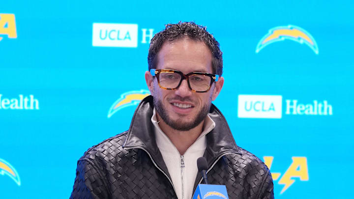 January 27, 2026; El Segundo, California, USA; Los Angeles Chargers offensive coordinator Mike McDaniel speaks at introductory press conference at The Bolt. Mandatory Credit: Kirby Lee-Imagn Images