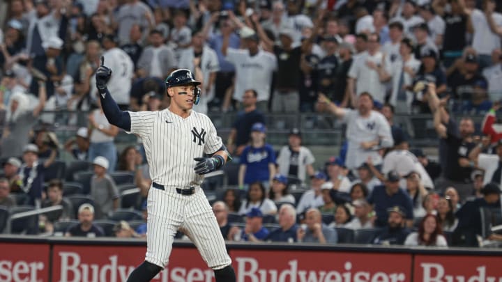 New York Yankees center fielder Aaron Judge (99) looks back toward for a call on his home run ball during the third inning against the Los Angeles Dodgers at Yankee Stadium on June 8. New York Yankees center fielder Aaron Judge (99) looks back toward for a call on his home run ball during the third inning against the Los Angeles Dodgers at Yankee Stadium on June 8.