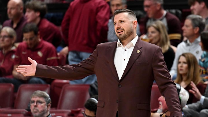 Feb 10, 2026; Tallahassee, Florida, USA; Florida State Seminoles head coach Luke Loucks during the first half against the Virginia Cavaliers at Donald L. Tucker Center. Mandatory Credit: Melina Myers-Imagn Images