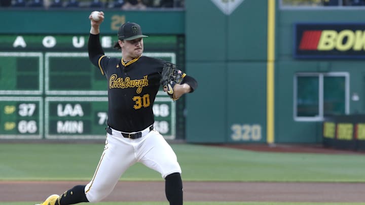 Sep 9, 2024; Pittsburgh, Pennsylvania, USA;  Pittsburgh Pirates starting pitcher Paul Skenes (30) delivers a pitch against the Miami Marlins during the first inning at PNC Park. Mandatory Credit: Charles LeClaire-Imagn Images