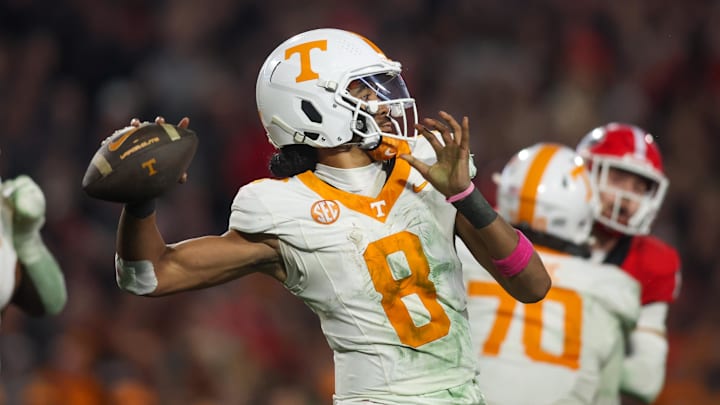 Nov 16, 2024; Athens, Georgia, USA; Tennessee Volunteers quarterback Nico Iamaleava (8) throws a pass against the Georgia Bulldogs in the fourth quarter at Sanford Stadium. Mandatory Credit: Brett Davis-Imagn Images