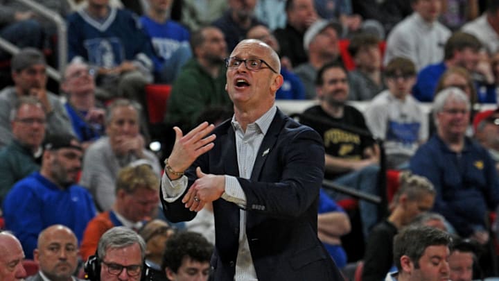 Mar 23, 2025; Raleigh, NC, USA; Connecticut Huskies head coach Dan Hurley reacts during the second half against the Connecticut Huskies in the second round of the NCAA Tournament at Lenovo Center. Mandatory Credit: Zachary Taft-Imagn Images Mar 23, 2025; Raleigh, NC, USA; Connecticut Huskies head coach Dan Hurley reacts during the second half against the Connecticut Huskies in the second round of the NCAA Tournament at Lenovo Center. Mandatory Credit: Zachary Taft-Imagn Images