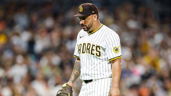 Aug 18, 2025; San Diego, California, USA; San Diego Padres starting pitcher Nestor Cortes (65) walks off the field during the sixth inning against the San Francisco Giants at Petco Park. Mandatory Credit: David Frerker-Imagn Images