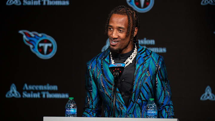 Newly acquired cornerback for the Tennessee Titans L'Jarius Sneed fields questions at his press conference at Ascension Saint Thomas Sports Park Tuesday morning, April 2, 2024.