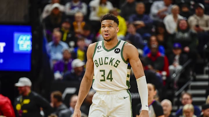 Mar 24, 2023; Salt Lake City, Utah, USA; Milwaukee Bucks forward Giannis Antetokounmpo (34) reacts after a basket against the Utah Jazz during the first half at Vivint Arena. Mandatory Credit: Christopher Creveling-Imagn Images