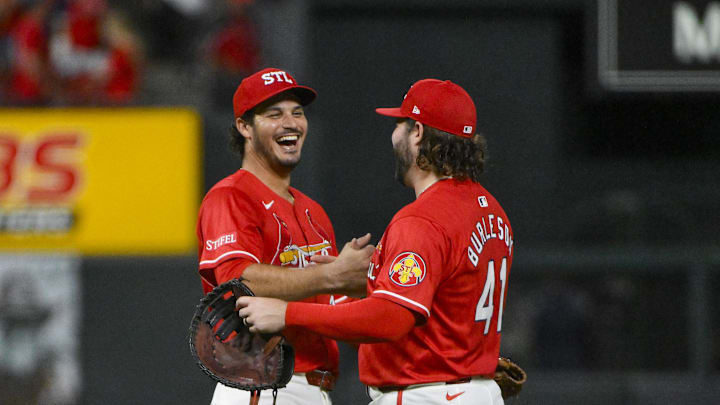 Sep 19, 2025; St. Louis, Missouri, USA; St. Louis Cardinals third baseman Nolan Arenado (28) celebrates with first baseman Alec Burleson (41) after the Cardinals defeated the Milwaukee Brewers at Busch Stadium. Mandatory Credit: Jeff Curry-Imagn Images Sep 19, 2025; St. Louis, Missouri, USA; St. Louis Cardinals third baseman Nolan Arenado (28) celebrates with first baseman Alec Burleson (41) after the Cardinals defeated the Milwaukee Brewers at Busch Stadium. Mandatory Credit: Jeff Curry-Imagn Images