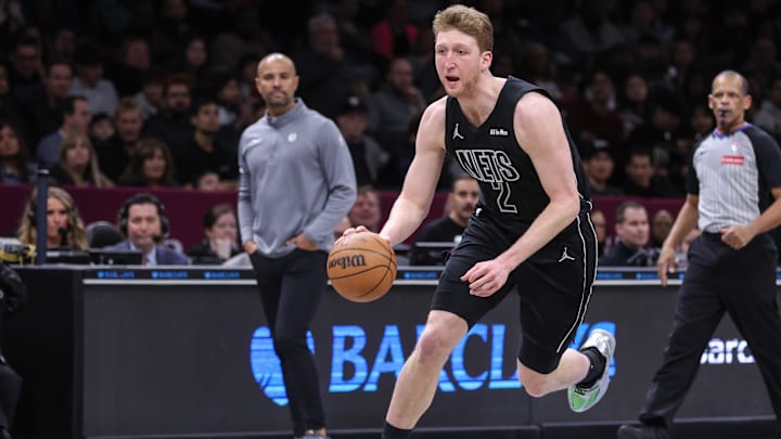 Mar 1, 2026; Brooklyn, New York, USA;  Brooklyn Nets forward Danny Wolf (2) drives to the basket in the third quarter against the Cleveland Cavaliers at Barclays Center. Mandatory Credit: Wendell Cruz-Imagn Images