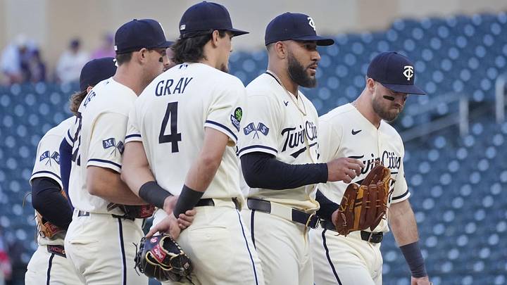 May 13, 2026; Minneapolis, Minnesota, USA; Minnesota Twins shortstop Brooks Lee (22) and third baseman Tristan Gray (4) and starting pitcher Simeon Woods Richardson (24) and first baseman Kody Clemens (2) await the pitching coach in a long first inning against the Miami Marlins at Target Field. Mandatory Credit: Bruce Kluckhohn-Imagn Images May 13, 2026; Minneapolis, Minnesota, USA; Minnesota Twins shortstop Brooks Lee (22) and third baseman Tristan Gray (4) and starting pitcher Simeon Woods Richardson (24) and first baseman Kody Clemens (2) await the pitching coach in a long first inning against the Miami Marlins at Target Field. Mandatory Credit: Bruce Kluckhohn-Imagn Images