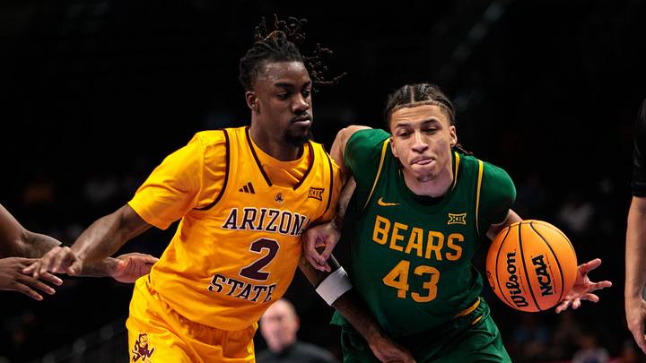 Mar 10, 2026; Kansas City, MO, USA; Baylor Bears guard Cameron Carr (43) drives around Arizona State Sun Devils guard Anthony Johnson (2) during the second half at T-Mobile Center. Mandatory Credit: William Purnell-Imagn Images Mar 10, 2026; Kansas City, MO, USA; Baylor Bears guard Cameron Carr (43) drives around Arizona State Sun Devils guard Anthony Johnson (2) during the second half at T-Mobile Center. Mandatory Credit: William Purnell-Imagn Images