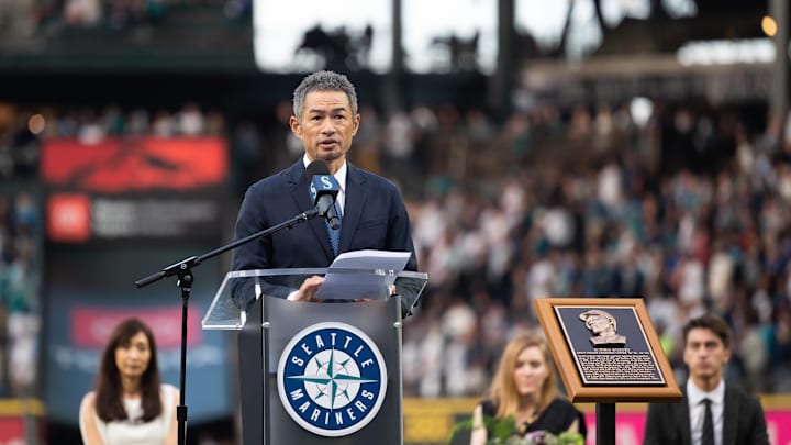 Seattle Mariners former player Ichiro Suzuki speaks during the induction ceremonies for Suzuki in to the Mariner Hall of Fame before a game between the Seattle Mariners and the Cleveland Guardians at T-Mobile Park in 2022. Seattle Mariners former player Ichiro Suzuki speaks during the induction ceremonies for Suzuki in to the Mariner Hall of Fame before a game between the Seattle Mariners and the Cleveland Guardians at T-Mobile Park in 2022.