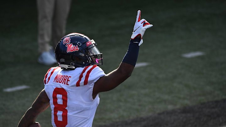 Oct 31, 2020; Nashville, Tennessee, USA; Mississippi Rebels wide receiver Elijah Moore (8) celebrates after a touchdown against the Vanderbilt Commodores during the first half at Vanderbilt Stadium. Mandatory Credit: Christopher Hanewinckel-Imagn Images Oct 31, 2020; Nashville, Tennessee, USA; Mississippi Rebels wide receiver Elijah Moore (8) celebrates after a touchdown against the Vanderbilt Commodores during the first half at Vanderbilt Stadium. Mandatory Credit: Christopher Hanewinckel-Imagn Images