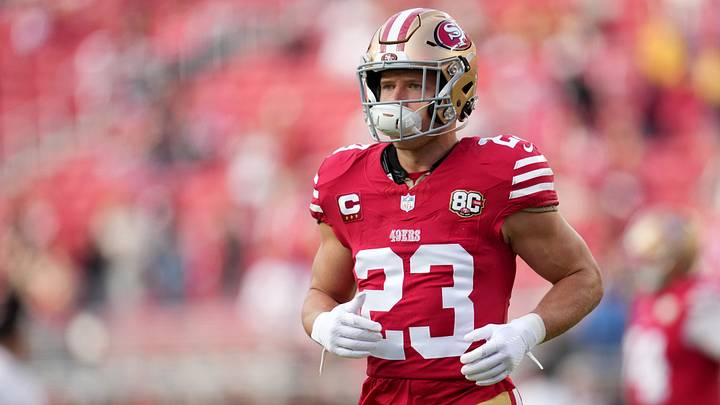 San Francisco 49ers running back Christian McCaffrey (23) warms up before the game against the Washington Commanders at Levi's Stadium.  