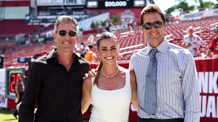 Fox Sports broadcasters Kevin Burkhardt (L), Erin Andrews (C) and Tom Brady (R)