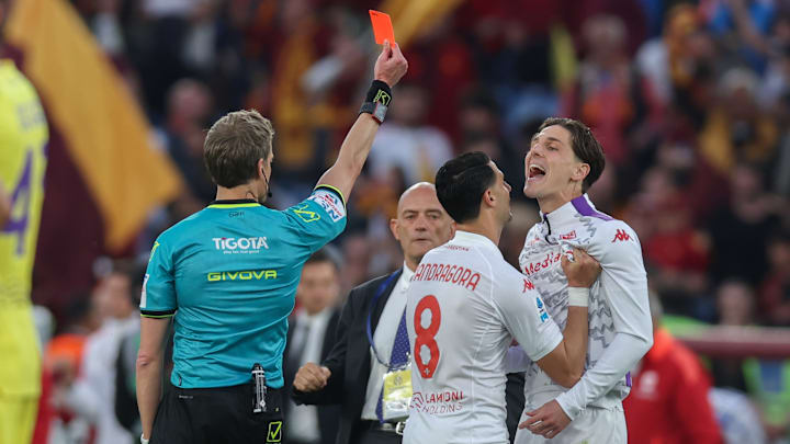 Referee Daniele Chiffi shows red card for Nicolo Zaniolo of... Referee Daniele Chiffi shows red card for Nicolo Zaniolo of...
