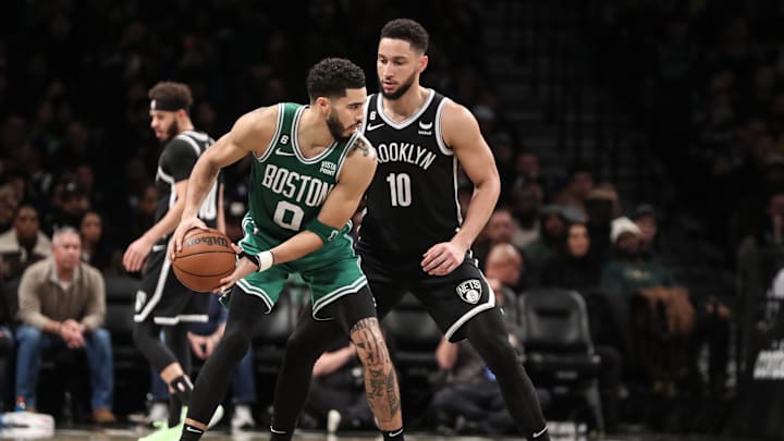 Jan 12, 2023; Brooklyn, New York, USA; Boston Celtics forward Jayson Tatum (0) looks to post up against Brooklyn Nets guard Ben Simmons (10) in the third quarter at Barclays Center. Mandatory Credit: Wendell Cruz-Imagn Images Jan 12, 2023; Brooklyn, New York, USA; Boston Celtics forward Jayson Tatum (0) looks to post up against Brooklyn Nets guard Ben Simmons (10) in the third quarter at Barclays Center. Mandatory Credit: Wendell Cruz-Imagn Images