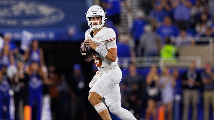 Oct 18, 2025; Lexington, Kentucky, USA; Texas Longhorns quarterback Arch Manning (16) looks to pass during the second quarter against the Kentucky Wildcats at Kroger Field. Mandatory Credit: Jordan Prather-Imagn Images Oct 18, 2025; Lexington, Kentucky, USA; Texas Longhorns quarterback Arch Manning (16) looks to pass during the second quarter against the Kentucky Wildcats at Kroger Field. Mandatory Credit: Jordan Prather-Imagn Images