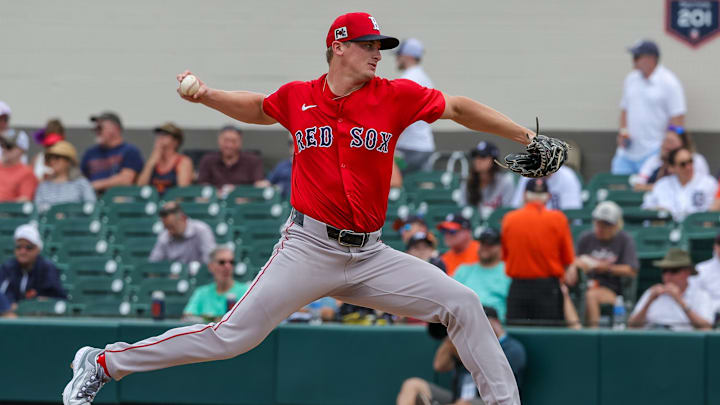 Feb 27, 2025; Lakeland, Florida, USA; Boston Red Sox pitcher Quinn Priester (68) pitches during the second inning against the Detroit Tigers at Publix Field at Joker Marchant Stadium.
