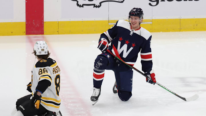 Apr 8, 2021; Washington, District of Columbia, USA; Boston Bruins right wing David Pastrnak (88) talks with Washington Capitals left wing Jakub Vrana (13) during warmups prior to their game at Capital One Arena. Mandatory Credit: Geoff Burke-Imagn Images Apr 8, 2021; Washington, District of Columbia, USA; Boston Bruins right wing David Pastrnak (88) talks with Washington Capitals left wing Jakub Vrana (13) during warmups prior to their game at Capital One Arena. Mandatory Credit: Geoff Burke-Imagn Images