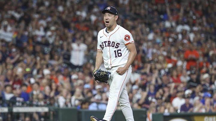 Aug 31, 2024; Houston, Texas, USA; Houston Astros starting pitcher Yusei Kikuchi (16) reacts after a play during the sixth inning against the Kansas City Royals at Minute Maid Park. Aug 31, 2024; Houston, Texas, USA; Houston Astros starting pitcher Yusei Kikuchi (16) reacts after a play during the sixth inning against the Kansas City Royals at Minute Maid Park.