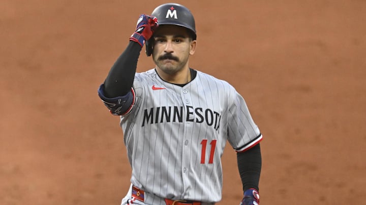 Apr 28, 2025; Cleveland, Ohio, USA; Minnesota Twins designated hitter Mickey Gasper (11) celebrates his RBI single in the sixth inning against the Cleveland Guardians at Progressive Field. Apr 28, 2025; Cleveland, Ohio, USA; Minnesota Twins designated hitter Mickey Gasper (11) celebrates his RBI single in the sixth inning against the Cleveland Guardians at Progressive Field.