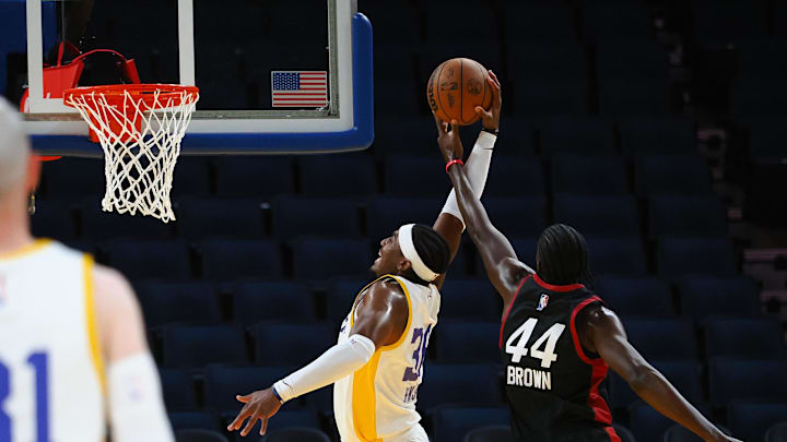 Miami Heat forward Gabe Brown (44) and Los Angeles Lakers forward Blake Hinson (36) at Chase Center. 