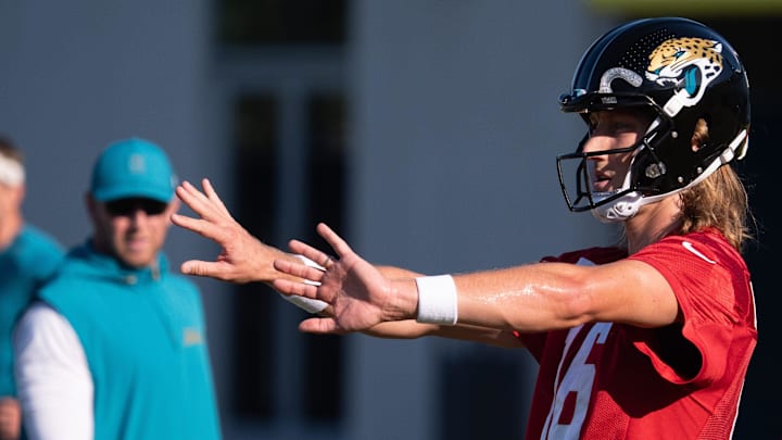 Jacksonville Jaguars quarterback Trevor Lawrence (16) takes command of a drill during the Jacksonville Jaguars’ 18th and final training camp practice at Miller Electric Center in Jacksonville, Fla. Wednesday August 20, 2025. [Doug Engle/Florida Times-Union]