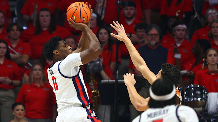 Jan 29, 2025; Oxford, Mississippi, USA; Mississippi Rebels forward Malik Dia (0) shoots during the first quarter against the Texas Longhorns at The Sandy and John Black Pavilion at Ole Miss. Mandatory Credit: Petre Thomas-Imagn Images