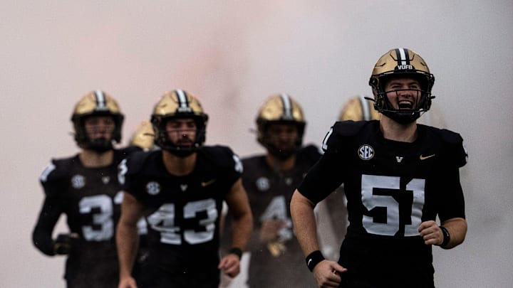 Vanderbilt Commodores long snapper Daniel Gaw (51) reacts as he runs onto the field against South Carolina Gamecocks at the FirstBank Stadium in Nashville, Tenn., Saturday, Nov. 9, 2024. Vanderbilt Commodores long snapper Daniel Gaw (51) reacts as he runs onto the field against South Carolina Gamecocks at the FirstBank Stadium in Nashville, Tenn., Saturday, Nov. 9, 2024.