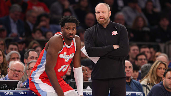 Jan 27, 2025; New York, New York, USA; Memphis Grizzlies head coach Taylor Jenkins talks with forward Jaren Jackson Jr. (13) during the first half against the New York Knicks at Madison Square Garden. Mandatory Credit: Vincent Carchietta-Imagn Images