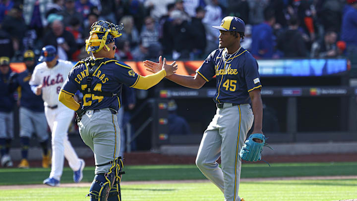 Mar 29, 2024; New York City, New York, USA; Milwaukee Brewers relief pitcher Abner Uribe (45)
