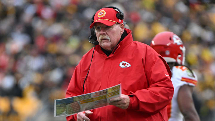 Dec 25, 2024; Pittsburgh, Pennsylvania, USA; Kansas City Chiefs head coach Andy Reid reacts against the Pittsburgh Steelers during the second half at Acrisure Stadium. Mandatory Credit: Barry Reeger-Imagn Images