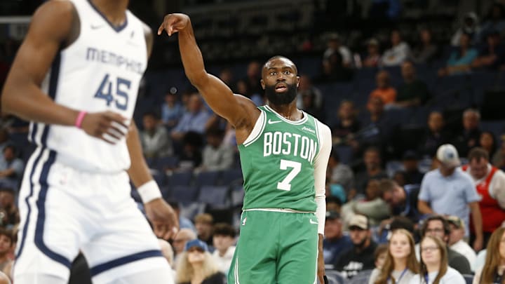 Oct 8, 2025; Memphis, Tennessee, USA; Boston Celtics guard Jaylen Brown (7) reacts after shooting for three during the first quarter against the Memphis Grizzlies at FedExForum. Mandatory Credit: Petre Thomas-Imagn Images Oct 8, 2025; Memphis, Tennessee, USA; Boston Celtics guard Jaylen Brown (7) reacts after shooting for three during the first quarter against the Memphis Grizzlies at FedExForum. Mandatory Credit: Petre Thomas-Imagn Images