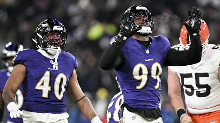 Jan 4, 2025; Baltimore, Maryland, USA;  Baltimore Ravens linebacker Odafe Oweh (99) reacts after sacking Cleveland Browns quarterback Bailey Zappe (not pictured) during the second half at M&T Bank Stadium. Mandatory Credit: Tommy Gilligan-Imagn Images