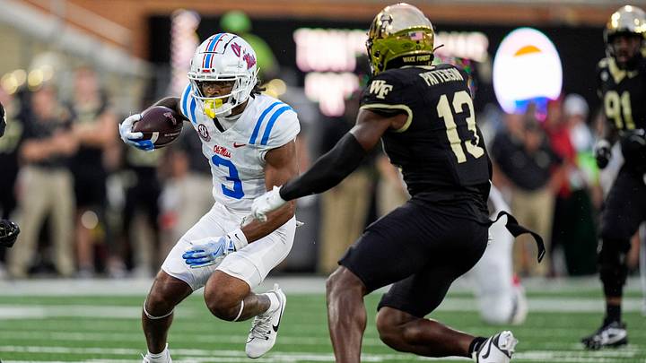 Sep 14, 2024; Winston-Salem, North Carolina, USA; Mississippi Rebels wide receiver Antwane Wells Jr. (3) runs against Wake Forest Demon Deacons defensive back Davaughn Patterson (13) during the first half at Allegacy Federal Credit Union Stadium. Mandatory Credit: Jim Dedmon-Imagn Images Sep 14, 2024; Winston-Salem, North Carolina, USA; Mississippi Rebels wide receiver Antwane Wells Jr. (3) runs against Wake Forest Demon Deacons defensive back Davaughn Patterson (13) during the first half at Allegacy Federal Credit Union Stadium. Mandatory Credit: Jim Dedmon-Imagn Images
