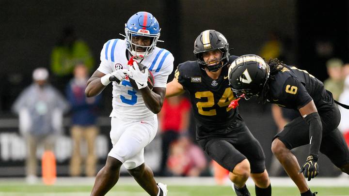 Oct 10, 2026; Nashville, Tennessee, USA; Mississippi Rebels wide receiver Caleb Cunningham (3) runs with the ball after a made catch against the Vanderbilt Commodores during the first half at FirstBank Stadium. Mandatory Credit: Steve Roberts-Imagn Images Oct 10, 2026; Nashville, Tennessee, USA; Mississippi Rebels wide receiver Caleb Cunningham (3) runs with the ball after a made catch against the Vanderbilt Commodores during the first half at FirstBank Stadium. Mandatory Credit: Steve Roberts-Imagn Images