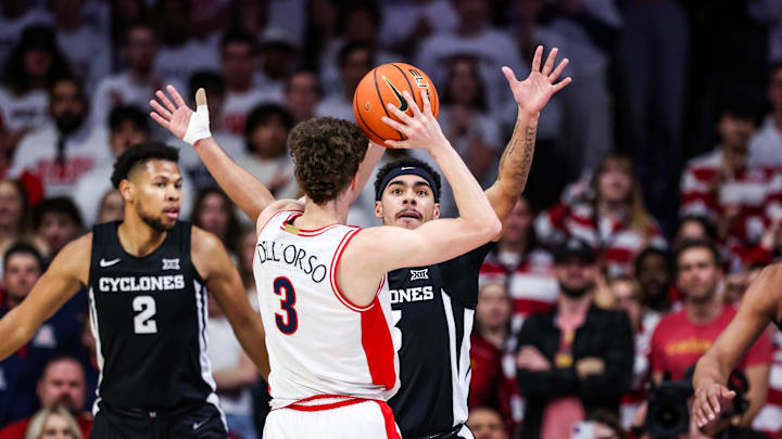 Jan 27, 2025; Tucson, Arizona, USA; Arizona Wildcats guard Anthony Dell’Orso (3) controls the ball while Iowa State Cyclones guard Tami Lipsey (3) defends during the first half at McKale Center. Mandatory Credit: Aryanna Frank-Imagn Images Jan 27, 2025; Tucson, Arizona, USA; Arizona Wildcats guard Anthony Dell’Orso (3) controls the ball while Iowa State Cyclones guard Tami Lipsey (3) defends during the first half at McKale Center. Mandatory Credit: Aryanna Frank-Imagn Images