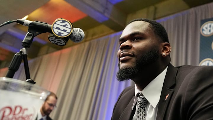 July 16, 2025; Atlanta, GA, USA; Florida defensive lineman Caleb Banks answers questions during SEC Media Days at the College Football Hall of Fame in Atlanta.