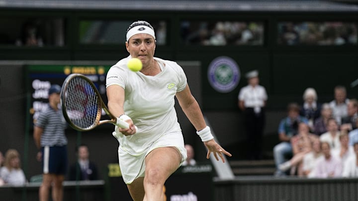 Jul 8, 2023; London, United Kingdom; Ons Jabeur (TUN) returns a shot during her match against Bianca