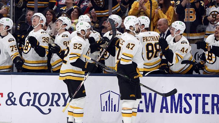 Apr 12, 2026; Columbus, Ohio, USA; Boston Bruins center Mark Kastelic (47) celebrates his goal against the Columbus Blue Jackets during the third period at Nationwide Arena. Mandatory Credit: Russell LaBounty-Imagn Images