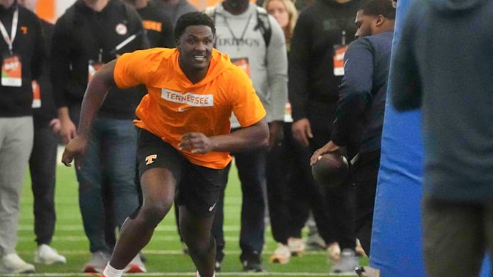 James Pearce Jr. during Tennessee Pro Day 2025, at University of Tennessee, Tuesday, March 11, 2025. James Pearce Jr. during Tennessee Pro Day 2025, at University of Tennessee, Tuesday, March 11, 2025.
