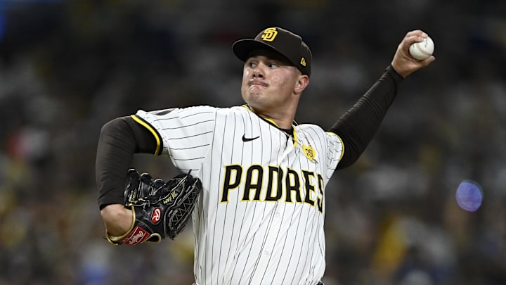 Oct 9, 2024; San Diego, California, USA; San Diego Padres pitcher Adrian Morejon (50) throws in the third inning against the Los Angeles Dodgers during game four of the NLDS for the 2024 MLB Playoffs at Petco Park.  Mandatory Credit: Denis Poroy-Imagn Images