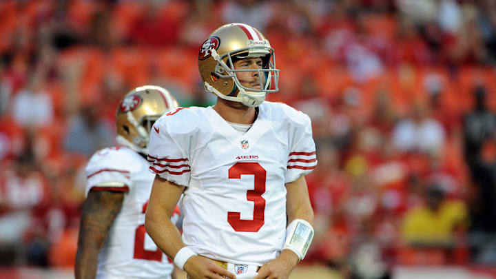 Aug 16, 2013; Kansas City, MO, USA; San Francisco 49ers quarterback Scott Tolzien (3) looks to the sidelines in between plays during the first quarter of the game against the Kansas City Chiefs at Arrowhead Stadium. Mandatory Credit: Denny Medley-Imagn Images