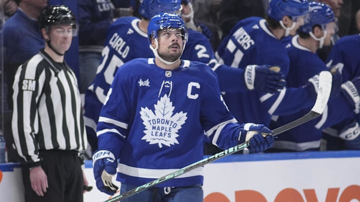 Mar 12, 2026; Toronto, Ontario, CAN; Toronto Maple Leafs forward Auston Matthews (34) looks up at the scoreboard after scoring against the Anaheim Ducks during the second period at Scotiabank Arena. Mandatory Credit: John E. Sokolowski-Imagn Images