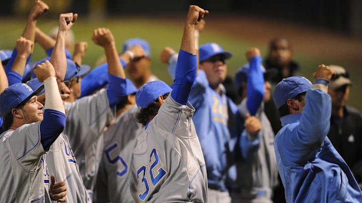 June 9, 2012; Los Angeles, CA, USA;  UCLA Bruins celebrate after defeating the TCU Horned Frogs 4-1 in game two of the Los Angeles super regional at Jackie Robinson Stadium. UCLA earned a trip to the college world series with the win. Mandatory Credit: Jayne Kamin-Oncea-Imagn Images