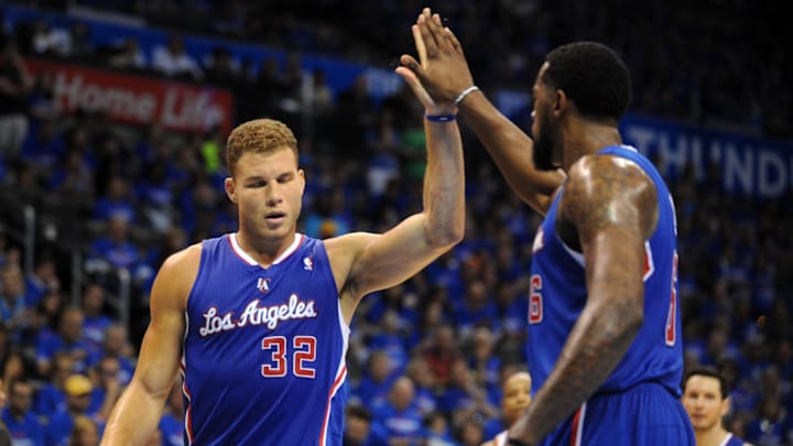 May 5, 2014; Oklahoma City, OK, USA; Los Angeles Clippers forward Blake Griffin (32) celebrates with Los Angeles Clippers center DeAndre Jordan (6) after a play against the Oklahoma City Thunder in game one of the second round of the 2014 NBA Playoffs at Chesapeake Energy Arena. 