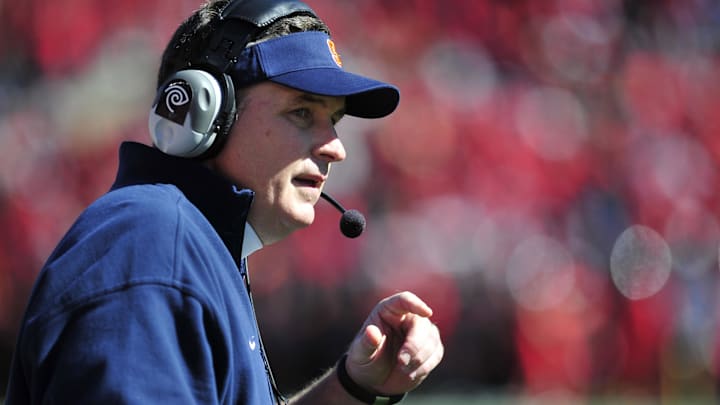 Oct 13, 2012; Piscataway, NJ, USA; Syracuse Orange head coach Doug Marrone looks on against the Rutgers Scarlett Knights during the first half at  Highpoint Solutions Stadium.  Mandatory Credit: Joe Camporeale-Imagn Images