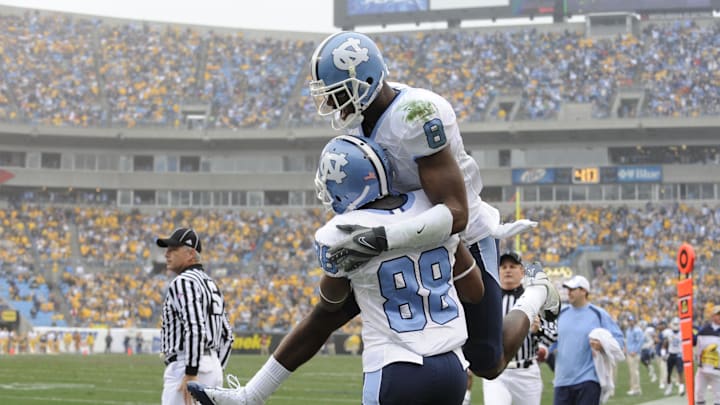Dec. 27, 2008; Charlotte, NC, USA; North Carolina Tar Heels wide receiver Hakeem Nicks (88) celebrates with wide receiver Greg Little (8) after making a touchdown catch in the second quarter at Bank of America Stadium. 