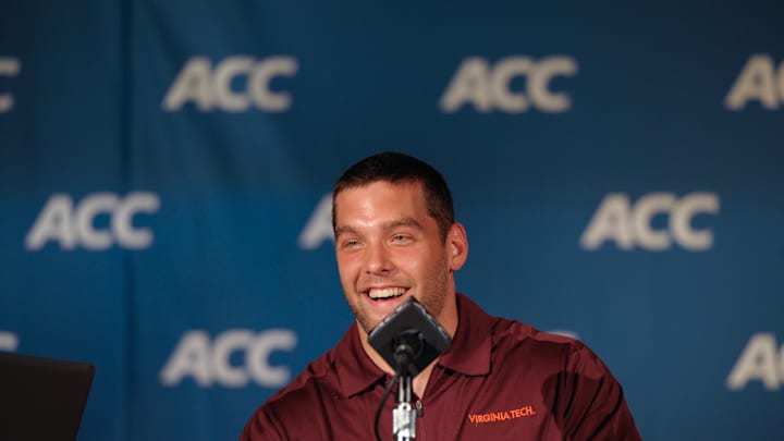 Jul 21, 2013; Greensboro, NC, USA; Virginia Tech Hookies linebacker Jack Tyler address the media during the ACC Kickoff Day at the Grandover Resort. Mandatory Credit: Sam Sharpe-Imagn Images