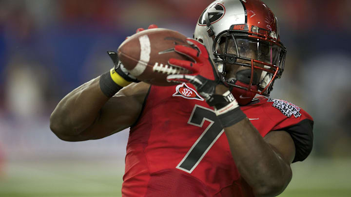 September 3, 2011; Atlanta, GA, USA; Georgia Bulldogs tight end Orson Charles (7) catches a touchdown pass against the Boise State Broncos during the third quarter at the Georgia Dome. Boise State defeated Georgia 35-21. Mandatory Credit: Dale Zanine-Imagn Images September 3, 2011; Atlanta, GA, USA; Georgia Bulldogs tight end Orson Charles (7) catches a touchdown pass against the Boise State Broncos during the third quarter at the Georgia Dome. Boise State defeated Georgia 35-21. Mandatory Credit: Dale Zanine-Imagn Images