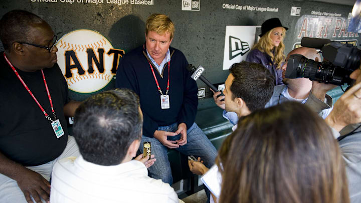 Jul. 22, 2008; San Francisco, CA, USA; Washington Nationals general manager Jim Bowden (center) answers questions from the media before the game against the San Francisco Giants at AT&T Park in San Francisco, CA. Mandatory Credit: Kyle Terada-Imagn Images